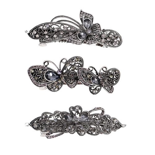 3pcs Crystal Hair Barrettes for Women Retro Black Metal Spring Hairpin Delicate Elegant Rhinestones Barrettes Vintage Ponytail Holder Headpiece Hair Jewelry Women Hair Styling Tools Accessories
