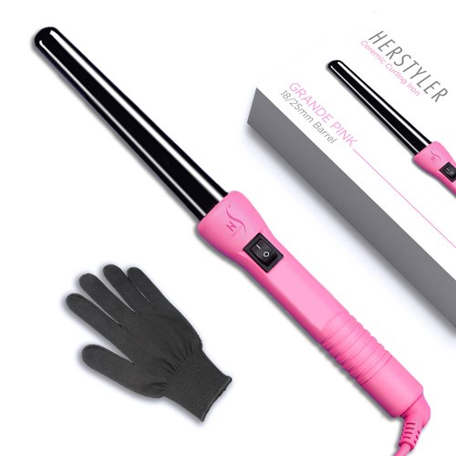 HerStyler Grande Ceramic Curling Iron - 1 inch, Pink (Curling Wand for Long Short Hair, Dual Voltage, Negative Ions, Tapered Barrel, User Friendly, PF30)