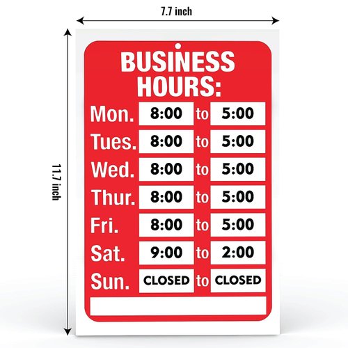 ASSURED SIGNS Open Signs, Business Hours Sign Kit for Glass Door or Window - Bright Red and White Colors - 7.7 x 11.7 Inch - Includes 4 Adhesive Pads and Number Sticker Set - Ideal Hours Of Operation Signs for Business, Store or Office