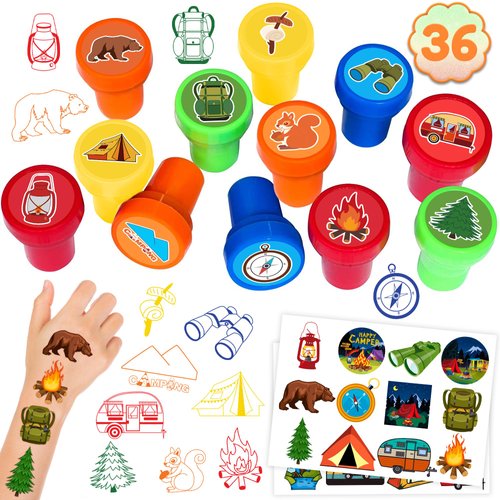 INKSOMOBA 36PCS Camping Party Favors 24 Tattoos Sticker 12 Stamp Set - Ideal Themed Birthday Card Decorations Supplies Goodie Bag Cute Rewards for Girls Classroom Gifts Baby Shower Prizes