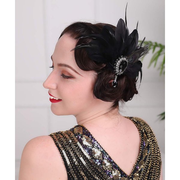 Aimimier 1920s Flapper Feather Hair Clip Black Roaring 20s Headpiece Costume Masquerade Hair Jewelry for Women and Girls (Style 1)