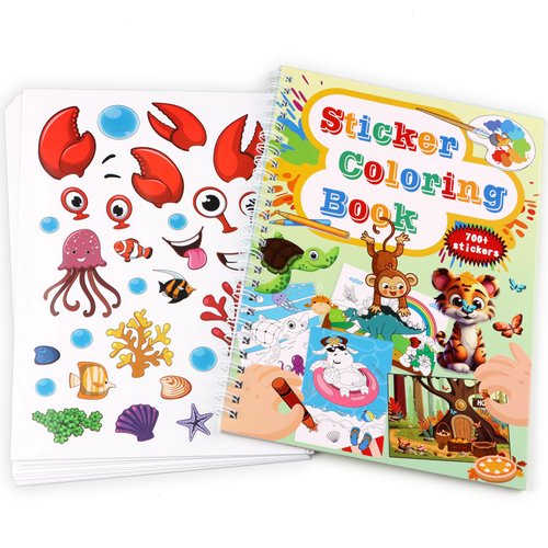 FACTIYRIER Animal Sticker/Coloring Book (700+ Stickers & 12 Coloring Pages) Reusable Sticker Book Ocean Dinosaurs DIY Art Craft Rewards Travel Toys for Toddlers Kids Ages 4-8 8-10 or 12+