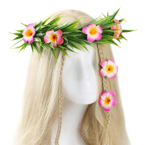 KorViSHOW Hawaiian Flower Crown Headband - 3 Pcs Hawaiian Plumeria Flower Hair Clips Pink Tropical Floral Headpiece Luau Accessories for Women Girls Beach Pool Party Decorations Favors Supplies