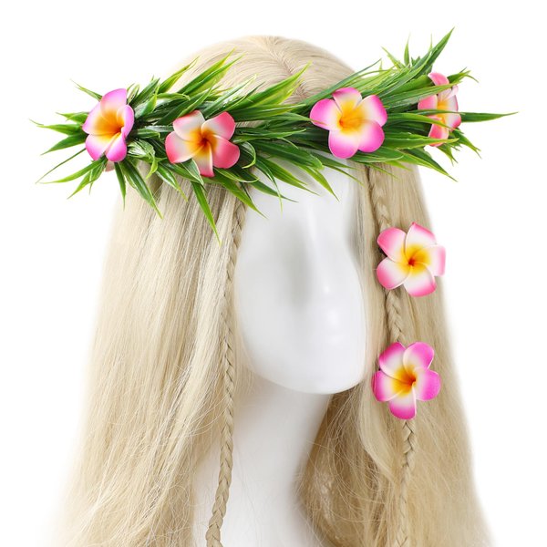 KorViSHOW Hawaiian Flower Crown Headband - 3 Pcs Hawaiian Plumeria Flower Hair Clips Pink Tropical Floral Headpiece Luau Accessories for Women Girls Beach Pool Party Decorations Favors Supplies