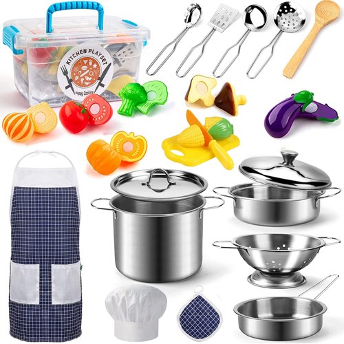 KODATEK Play Kitchen Accessories, Kids Kitchen Pretend Play Toys, Kitchen Set with Stainless Steel Cooking Utensils Cookware Pots and Pans Set Healthy Vegetables, Knife, Apron, Little Chef Boys Girls
