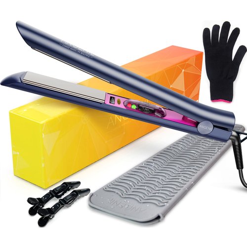 ANGENIL Professional Titanium Flat Iron 1 inch, Hair Straightener and Curler 2 in 1 with Adjustable Temp for All Hair Types, Anti-Static, Dual Voltage Travel Size with Silicone Resistant Mat Pouch