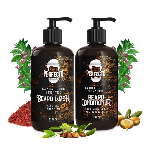 Beard Wash & Beard Conditioner Set w/Argan & Jojoba Oils - Softens & Strengthens - Natural Sandalwood Scent - Softens & Strengthens Beard Care Set Beard Shampoo/Beard Oil