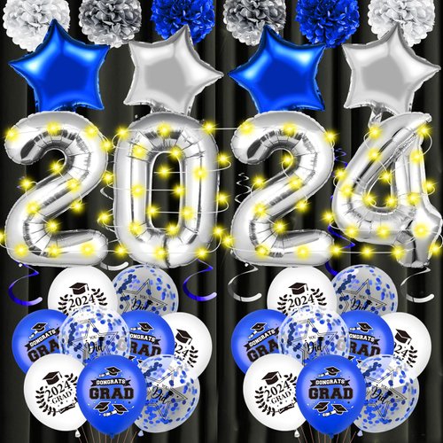 Blue 2024 Graduation Balloons Set with LED Lights Includes 40 Inch 2024 Foil Balloons Blue Congrats Grad Balloons Paper Pompoms Star Balloons Hanging Swirls for 2024 Graduation Party Supplies
