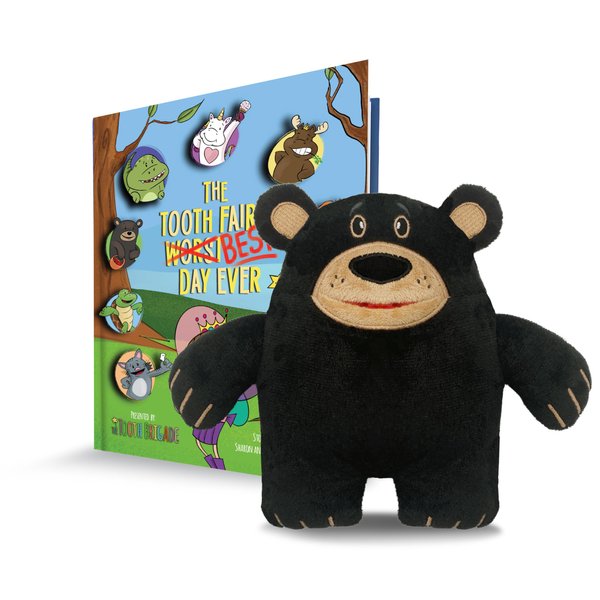 The Tooth Brigade Book and Tooth Fairy Pillow Bundle, Interactive Set Includes 8" Plush Toy with Lost Tooth Pocket and The Tooth Fairy's Best Day Ever! Hardcover Book (Acorn Black Bear Bundle)