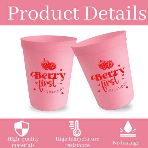 Usumz Berry Sweet 1st Baby Plastic Cups, 16oz Pink Strawberry Birthday Reusable Cups, Strawberry Shortcake Baby Shower Birthday Drinkware, Berry Theme First Birthday Party Supplies 12Pcs