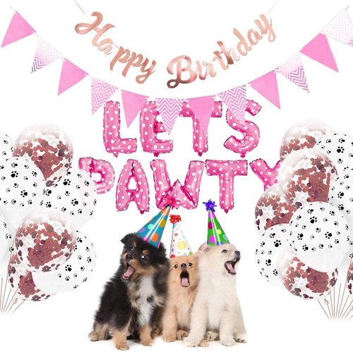 Esweny Dog Cat Birthday Party Supplies,Dog Paw Print Balloons Sequined Balloon,Lets Pawty Balloons, Happy Birthday Banner Foil Balloons Pet Party Decoration
