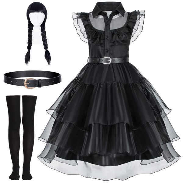 Black Dress Up Costume Set for Girls - Perfect for Birthdays Halloween Cosplay and Parties - Includes Dress Wig Socks and Belts 10-11 Years