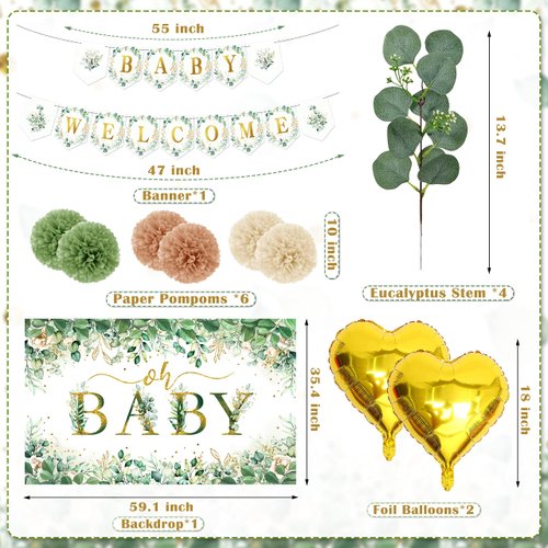 Sage Green Baby Shower Decoration for Girl Boy 99Pcs, Boho Greency Neutral Party Supplies with Oh Baby Backdrop Tablecloth Balloon Garland Kit for Woodland Safari Gender Reveal Party Decor