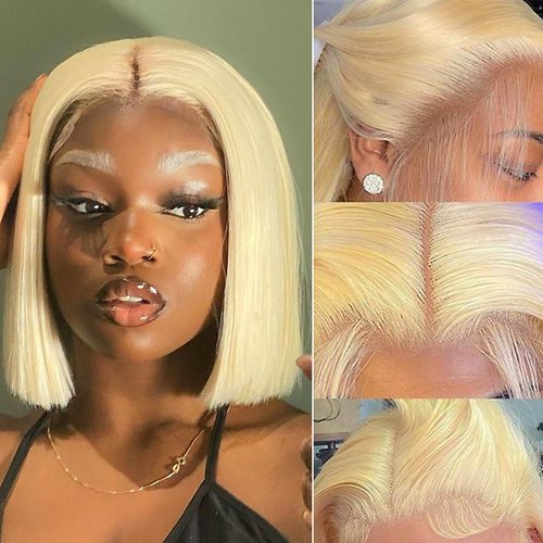 JOHLUA Blonde Bob Wig Human Hair 13X4 HD Transparent 613 Lace Front Wig Human Hair 180% Density Frontal Wigs Pre Plucked With Natural Baby Hair 613 Blonde Short Bob Wigs For Women (12 inches)