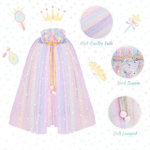 AOOWU Princess Cape for Girls, Colorful Princess Cloak with Crown, Princess Fancy Dress Up Sparkling Sequins Tulle Princess Cape Set for Birthday Party Cosplay (Rainbow, L)