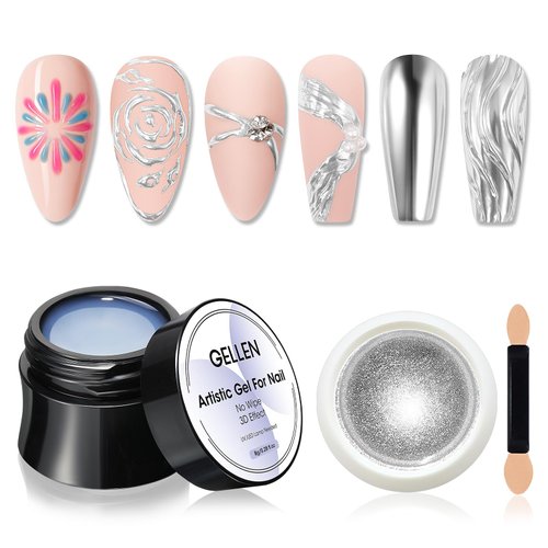 Gellen 3D Nail Gel Sculpting Gel for Nail Art, 0.27 Fl.Oz Sculpture Gel with Silver Chrome Powder...