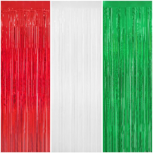 WIQEDOHA 3 Pack Christmas Tinsel Foil Fringe Curtain 8x9.84 Ft Backdrop Curtain Red White Green Streamers for Christmas Fiesta Mexican Italian Birthday Baby Show Party Decorations