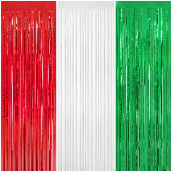 WIQEDOHA 3 Pack Christmas Tinsel Foil Fringe Curtain 8x9.84 Ft Backdrop Curtain Red White Green Streamers for Christmas Fiesta Mexican Italian Birthday Baby Show Party Decorations