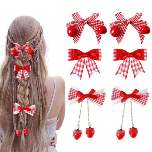 6 Pcs Strawberry Cherry Bow Hair Clips Red White Plaid Ribbon Bowknot Decor Alligator Hair Barrettes Cute Kawaii Christmas Hairpins Hair Accessories for Women Girls