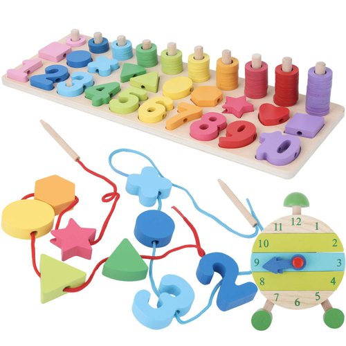 Montessori Fine Motor Skill Toys - Math Wooden Number Shape Set with Learning Clock and Lacing Beads Montessori Toy for Toddlers 3 4 5 Year Old Preschool Learning Toys, Sorting Stacking Counting