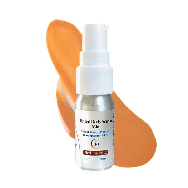 Tinted Body Screen Mini, Body Bronzer, SPF30, Medium Bronze, Clean Mineral Tinted Body Sunscreen, Vegan, Travel Size 0.7oz.
