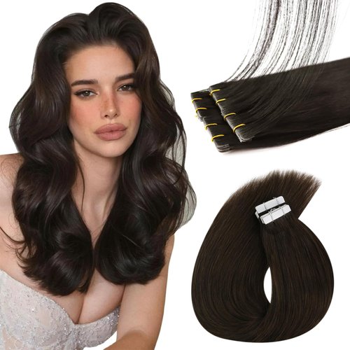Sunny Hair Injected Tape in Hair Extensions 5Pcs Virgin Human Hair Tape in Extensions Injection Tape in Hair Extensions Invisible Tape in Hair Extensions Human Hair Darkest Brown 18inch