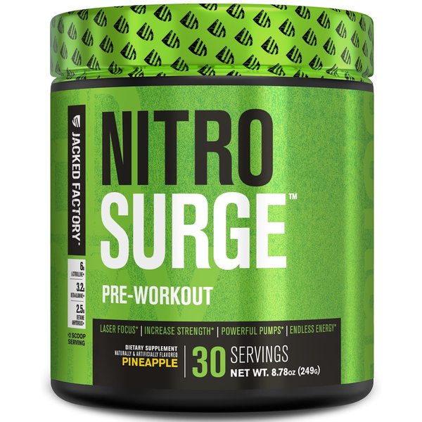 Jacked Factory NITROSURGE Pre Workout Supplement - for Energy, Instant Strength Gains, Clear Focus, Intense Pumps - Nitric Oxide Booster & Preworkout Powder with Beta Alanine - 30 Servings, Pineapple