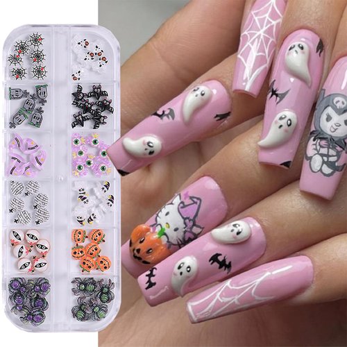 Halloween Nail Charms，Multi Shapes Colors 3D Spider Ghost Eyes Hat Bat Web Acrylic Nail Charms Flatback Halloween Nail Art Accessories DIY Crafts