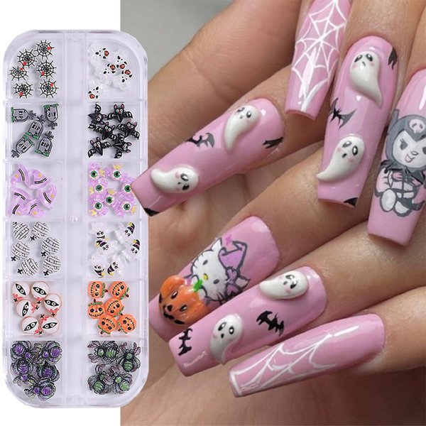 Halloween Nail Charms，Multi Shapes Colors 3D Spider Ghost Eyes Hat Bat Web Acrylic Nail Charms Flatback Halloween Nail Art Accessories DIY Crafts