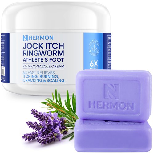 Hermon Antifungal Jock Itch Cream & Soap Kit: Anti Fungal Treatment for Ringworm, Psoriasis, & Athlete's Foot with Tea Tree Soap - Provides Soothing Relief for Body & Foot - 3.4 oz. / 2 Bars
