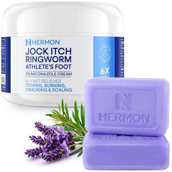 Hermon Antifungal Jock Itch Cream & Soap Kit: Anti Fungal Treatment for Ringworm, Psoriasis, & Athlete's Foot with Tea Tree Soap - Provides Soothing Relief for Body & Foot - 3.4 oz. / 2 Bars