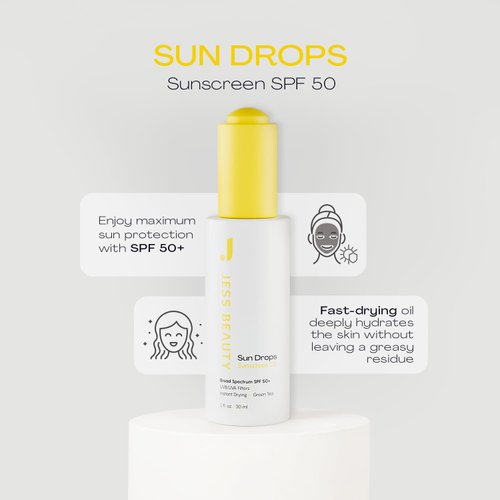 JESS BEAUTY | Face Sunscreen Sun Drops SPF 50 Skin Care Oil with Camellia Sinensis & Squalane | Skincare Fast Drying 1 fl. oz