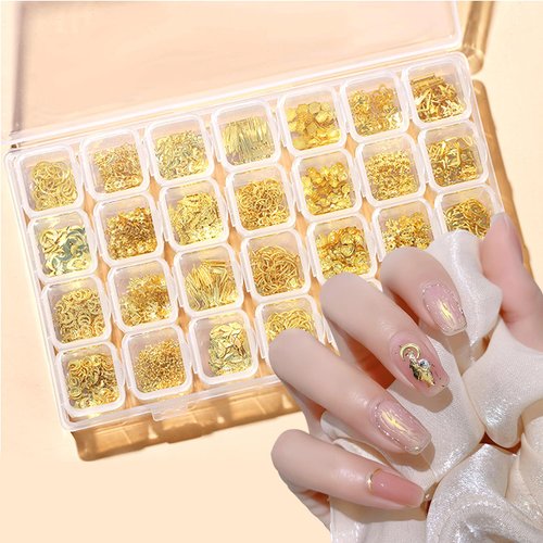 28 Grids Gold Metal Nail Art Studs, 3D Metal Nail Charms,Mix Geometry Nail Art Glitter Flakes Decorations Set, Rivet Jewelry Accessories for Women Girls Manicure Supplies DIY Nail Crafts Sequins