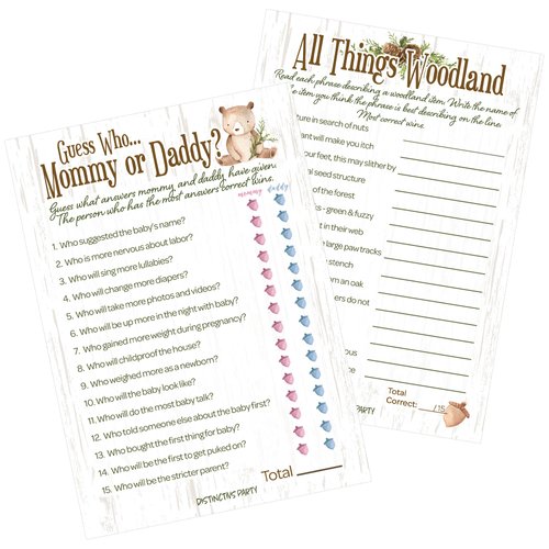 DISTINCTIVS Woodland Bear Baby Shower - All Things Woodland and Mommy or Daddy Matching Game (2 Game Bundle) - 20 Dual Sided Cards