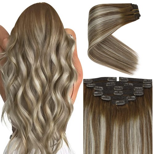 Ve Sunny Clip in Hair Extensions Real Human Hair Extensions Clip ins Balaygae Clip in Hair Extensions Chestnut Brown Balayage Platinum Blonde Clip in Human Hair Extensins for New Year 7pcs 20inch 120g