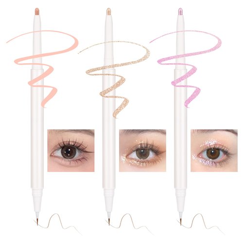 3PC Dual Ended Highlighter Makeup Pen, Glitter & Matte Nude EyeLiner & Eyeshadow, Contour liquid Liner 2 in 1 Eye Brightener Stick, Mulit-Funtional Long Lasting Lying Silkworm Pencil ( #01, #03, #04 )