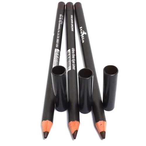 3 Pcs x Italia Deluxe 1002 Dark Brown Ultra Fine Eye liner Pencil Eyeliner Set + Free ZipBag, Full Size