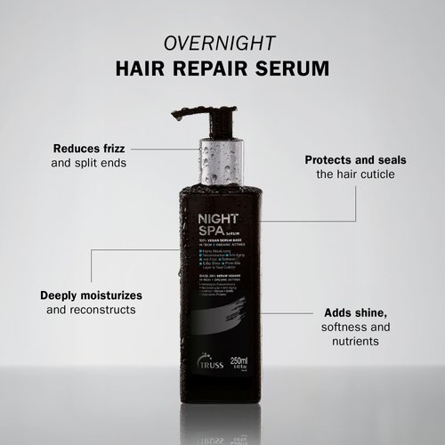 TRUSS Night Spa Serum - Anti Aging Damaged Hair Treatment with 100% Vegan Wax Base - Anti Frizz Hair Serum for Extra Shine, Moisture and Elasticity - (250 ml)