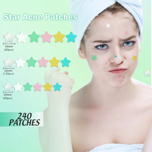Star Pimple Patches 240 Counts Hydrocolloid Acne Patches with Tea Tree Oil Blemish Zit Patches For Face 3 Sizes Acne Patch Acne Dots patches 6 colors Pink Yellow Blue Star Pimple Patches For Face