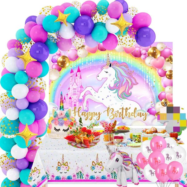 Unicorn Birthday Party Decorations Girls - 110PCS Unicorn Party Supplies icluding Balloon Arch/ Garland Kit, Unicorn Backdrop, Unicorn Tablecloth