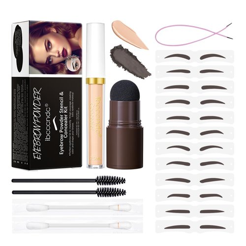 Eyebrow Stamp Stencil Kit, Eyebrow Definer Powder Stamp Makeup with Eyebrow Concealer and 12 Reusable Stencils, Long Lasting Waterproof for Perfect Brow (04# Black Brown)