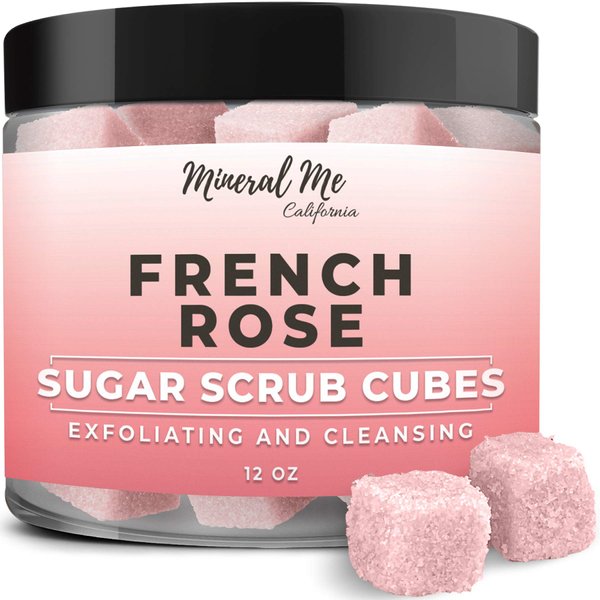 Body Scrub Exfoliator - 12oz FRENCH ROSE Sugar scrub cubes w/Mango Butter & Shea butter- Ultra Hydrating & Moisturizing - Natural & Organic for all body exfoliation- For hands, arms, legs & foot