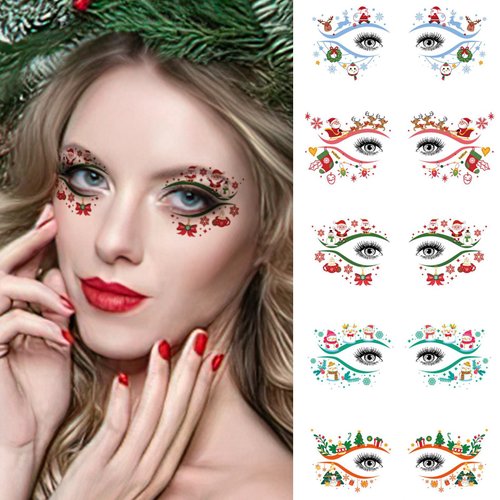 10 Pairs Christmas Colorful Eye Shadow Temporary Tattoo Stickers Eyeliner Stickers Waterproof Fake Tattoos Elk Santa Claus Snowflake Makeup Transfer Eyeshadow Face Stickers for Carnival Party