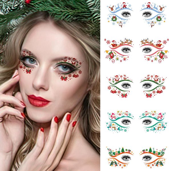 10 Pairs Christmas Colorful Eye Shadow Temporary Tattoo Stickers Eyeliner Stickers Waterproof Fake Tattoos Elk Santa Claus Snowflake Makeup Transfer Eyeshadow Face Stickers for Carnival Party