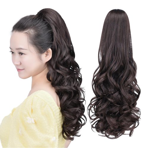 HSPCYGG Brown Clip Ponytail Synthetic Fake Pony Tails 22&quot; 5.3 OZ Wavy Black Hair Extensions Hairp...