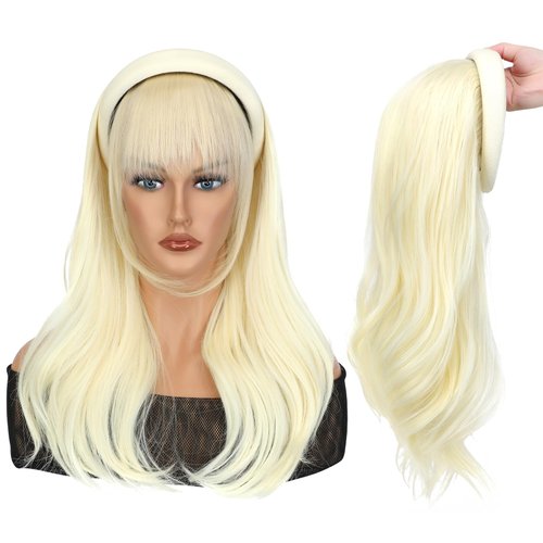 Soulwigger 22 inch Synthetic Beige Headband Hair Wig Curly Body Wave Glueless Bleach Blonde Wigs For Women With None Lace Front