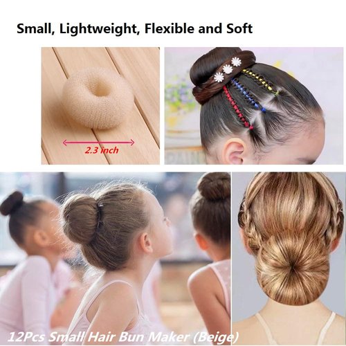 SQULIGT 12 Pcs Small Hair Bun Maker, Small Hair Donut Set for Kids Girls Women, Hair Donut Bun Maker Tool for Short and Thin Hair Crown Shapers Accessories (Size S/ 2.3 Inch, Beige)
