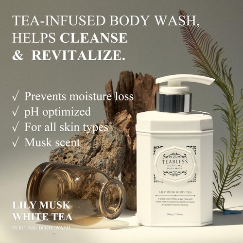 Perfumed Body Wash, Lily Musk White Tea (17.63oz/500ml) - Hydrating Vegan Body Cleanser for Sensitive Skin - Korean Skin Care with Herbs - Gentle, Moisturizing, Non-Sticky, Floral Musk Scent