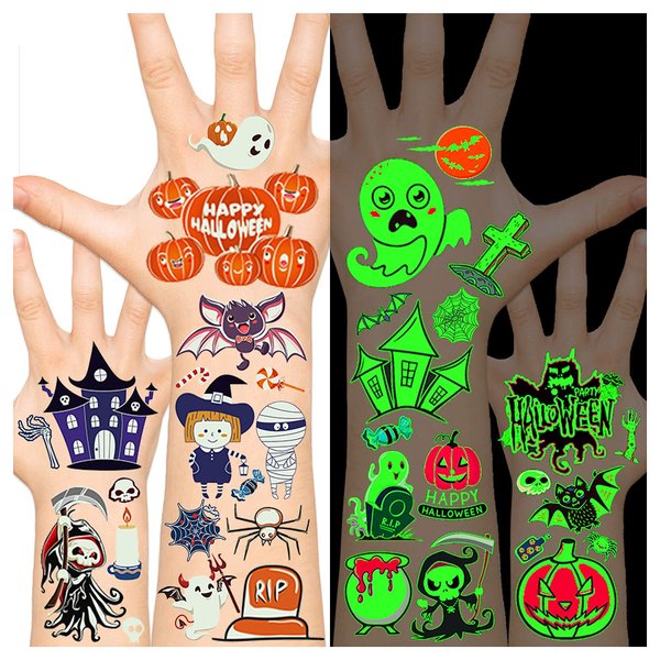 Glow in Dark Halloween Party Favors for Kids, Halloween Tattoos for Kids, Fake Tattoos Halloween Face Stickers Halloween Birthday Party Supplies Decorations Games Halloween Egg Hunt