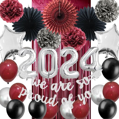 Maroon Graduation Party Decorations 2024 Burgundy Black Silver Balloons Foil Fringe Curtains Proud of You Banner for College School Graduations Party Supplies